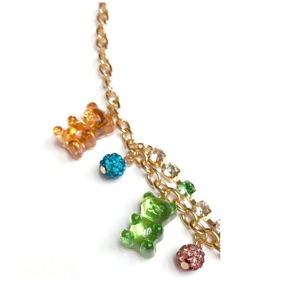 NWT Betsey Johnson GUMMY BEAR Gold Tone Crystal Fire Ball & Bear Charms Necklace - Picture 4 of 5